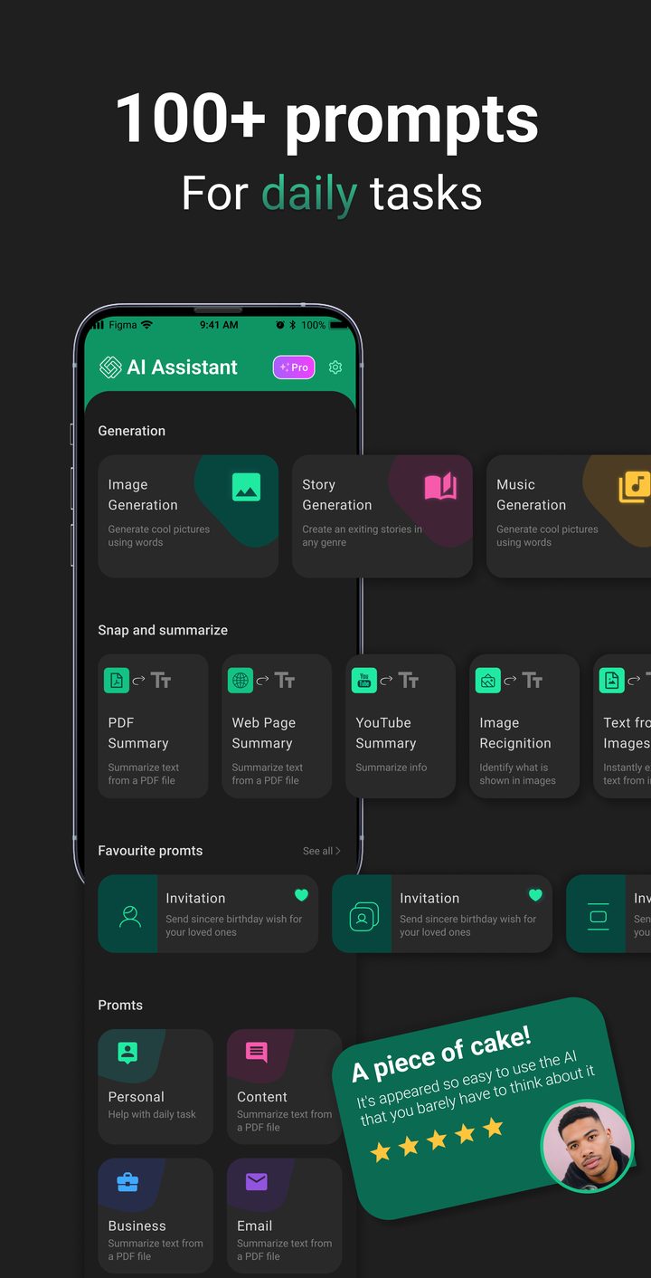 AI Chat Assistant app interface — 100+ prompts for daily tasks
